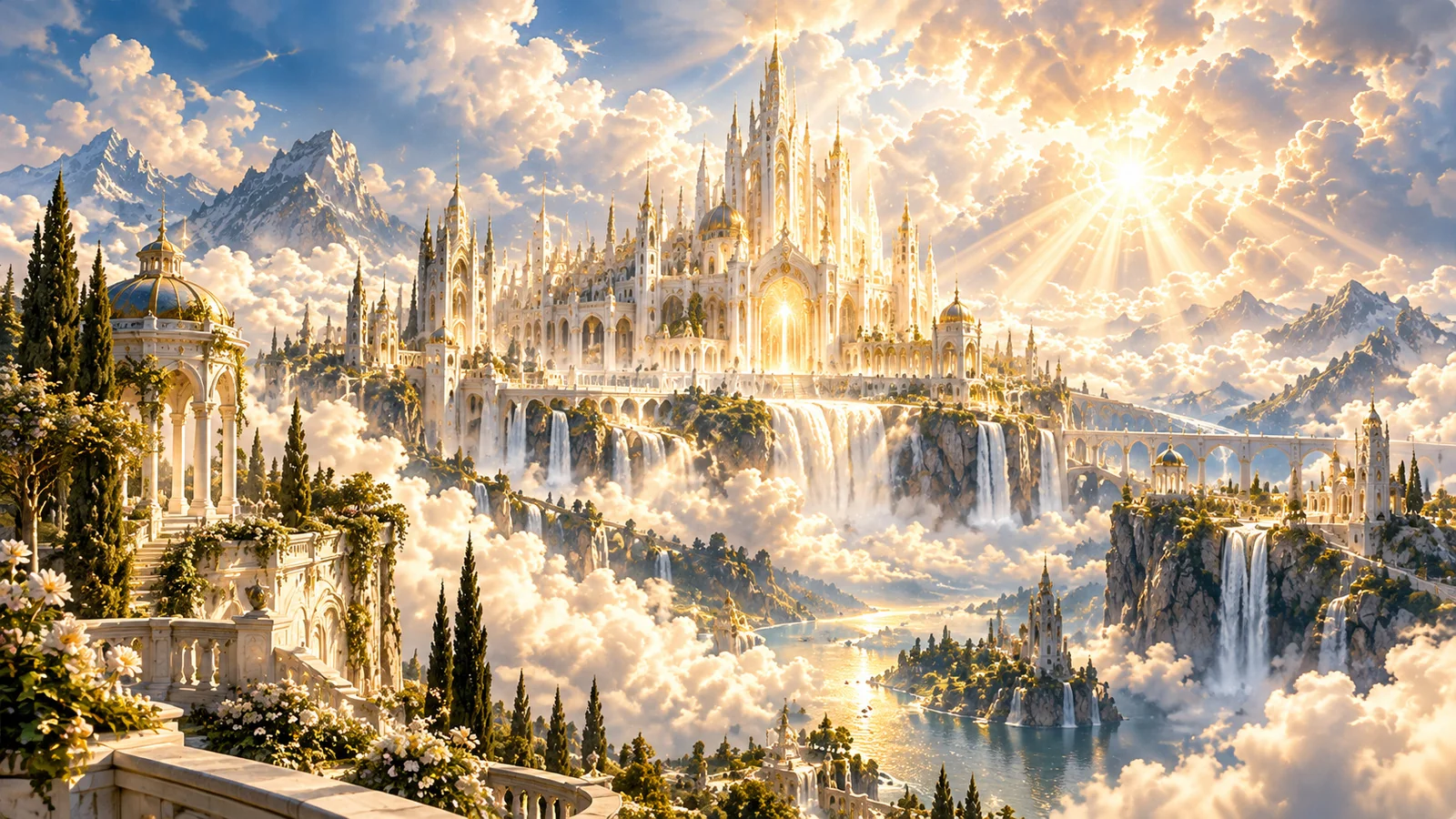 Luminous heavenly kingdom among clouds and mountains