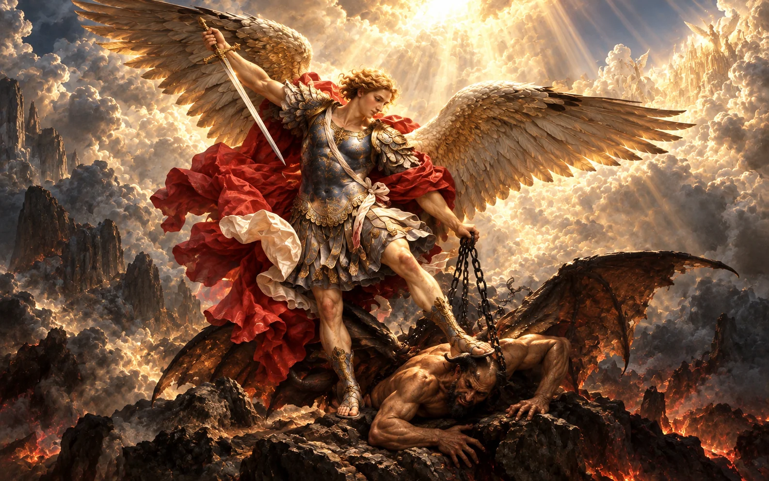 Archangel Michael in dramatic golden light