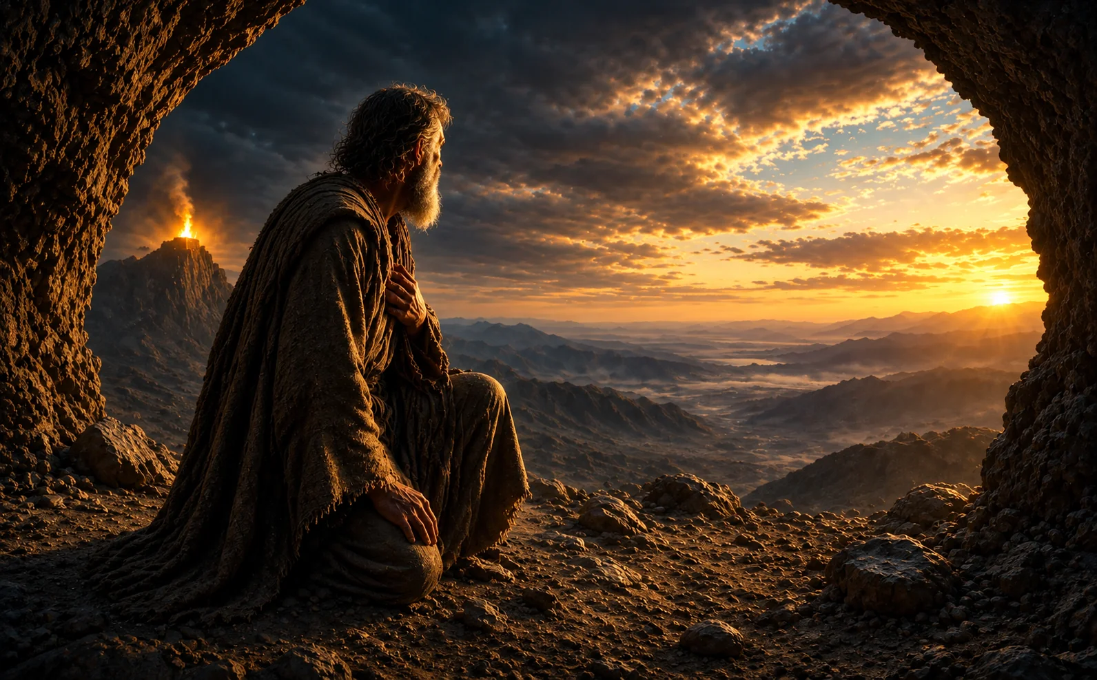 A prophet looking toward a dramatic sunset from a cave